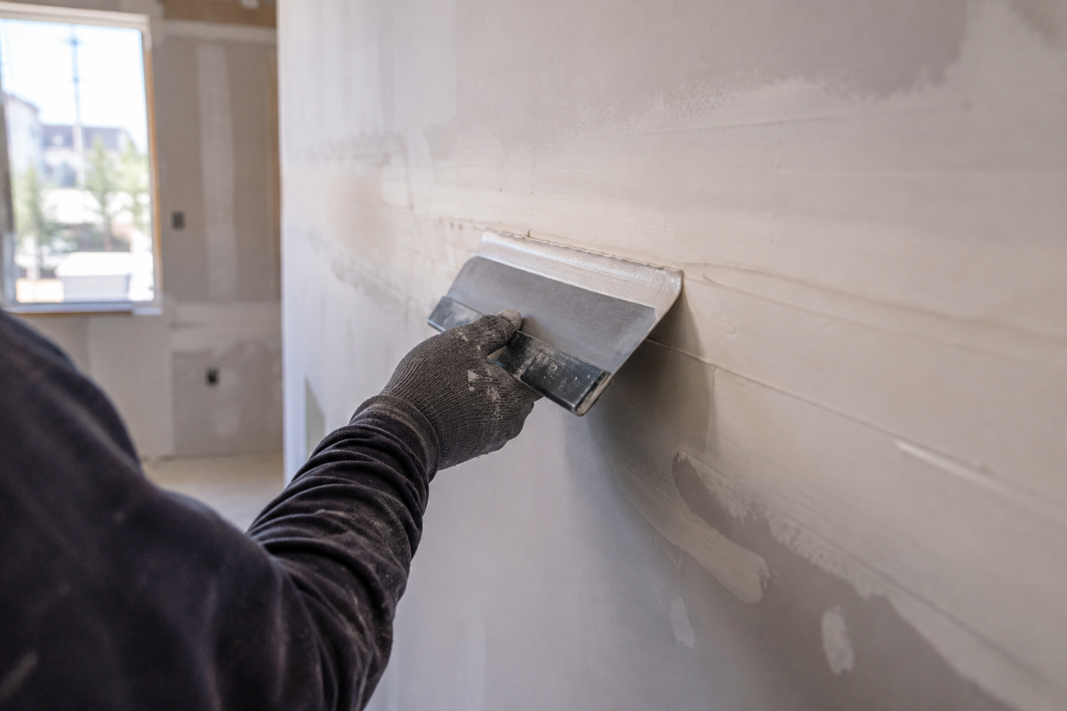 Repaired drywall seam being feathered smooth with a taping knife in Riverside, CA